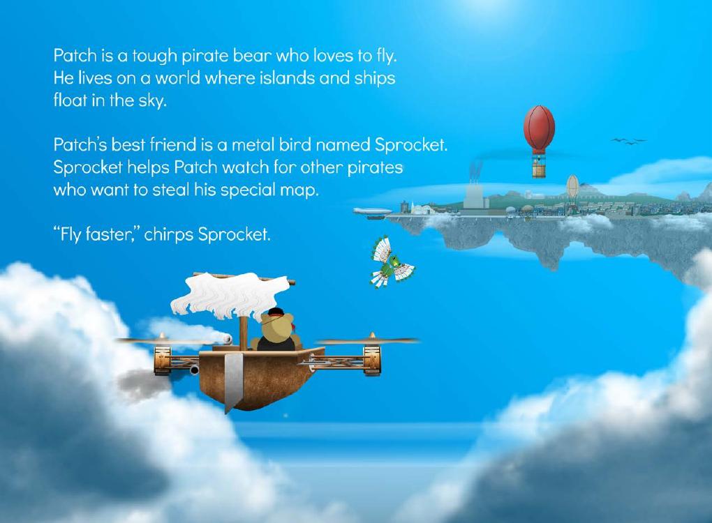 Patch and Sprocket fly toward a floating city above the clouds