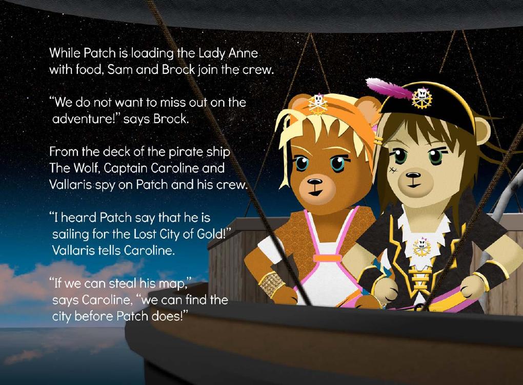 Captain Caroline and Vallaris aboard The Wolf, plotting to steal Patch's map